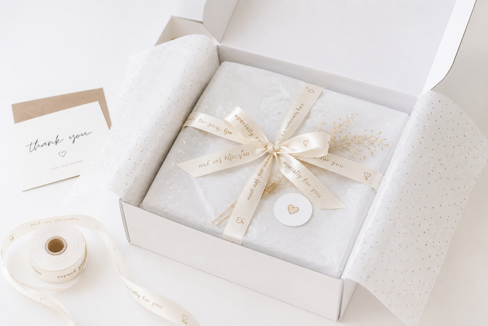 Unboxing einer luxuriösen Geschenkbox mit Seidenpapier und bedrucktem Geschenkband