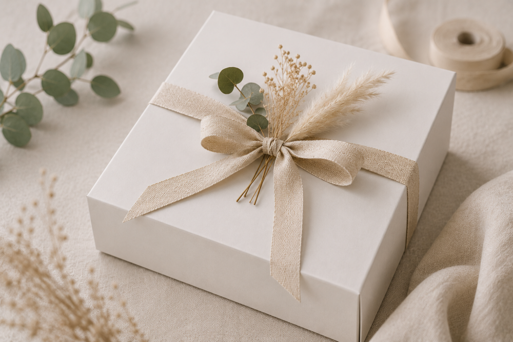Weiße Geschenkbox mit natürlichem Geschenkband und Seidenpapier