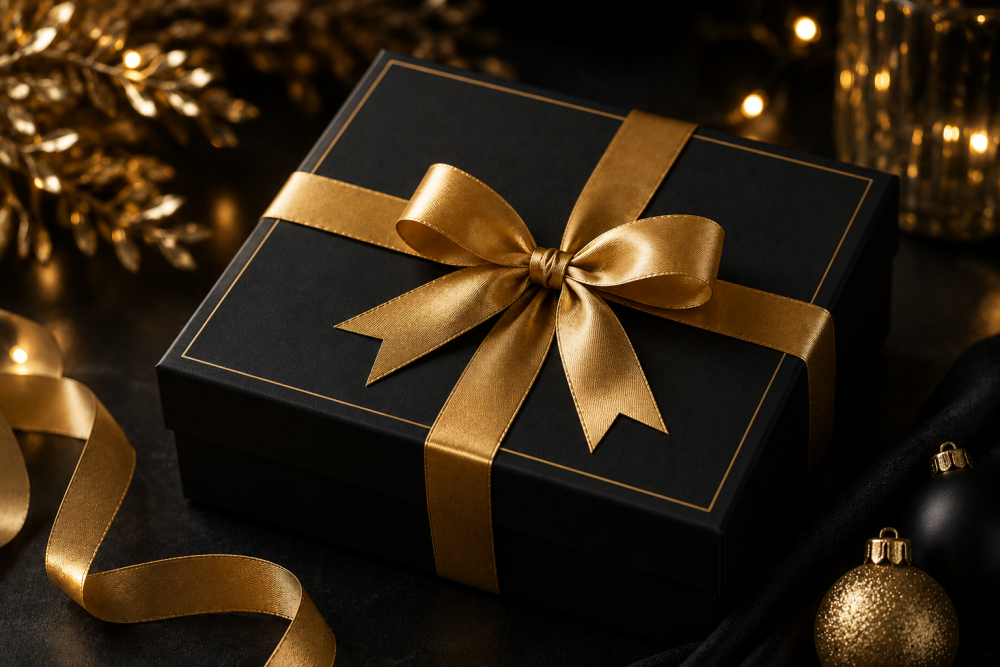 Schwarze Geschenkbox mit Goldfolie und luxuriösem Geschenkband