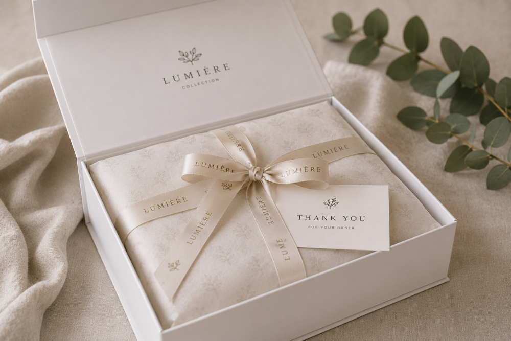 Luxuriöses Unboxing mit weißer Geschenkbox, Seidenpapier und bedrucktem Geschenkband