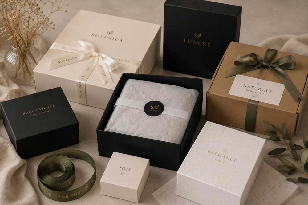 Inspiration mit luxuriösen Geschenkboxen und verschiedenen Verpackungsmaterialien