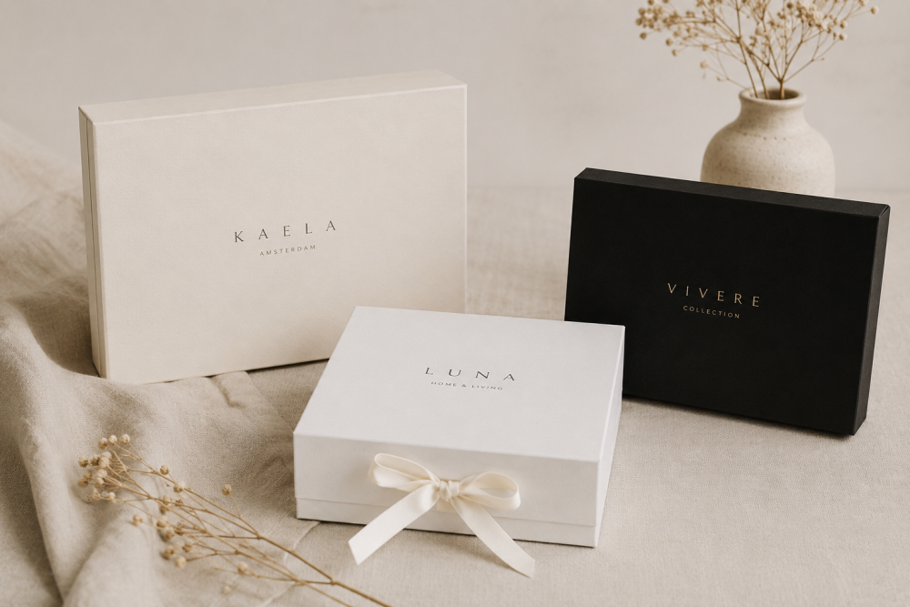 Minimalistische Geschenkboxen in Weiß und Schwarz