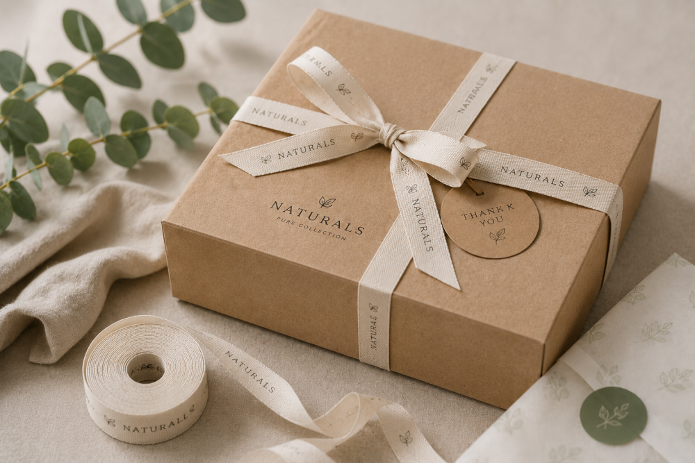 Nachhaltige Geschenkbox aus Kraftkarton mit natürlichem Geschenkband