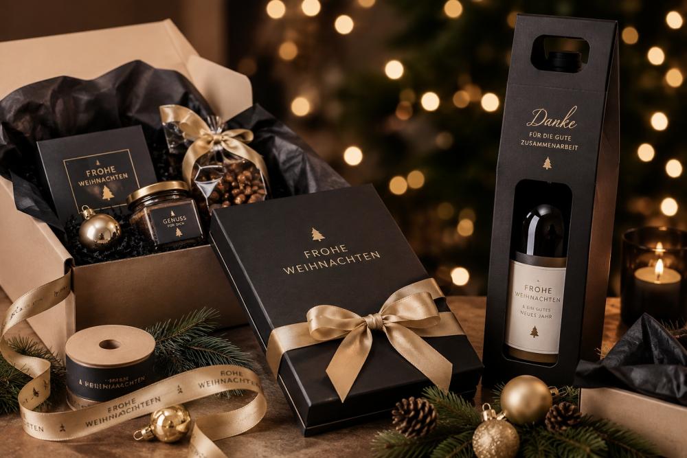 Stilvoll verpackte Weihnachtsgeschenke in hochwertigen Geschenkboxen